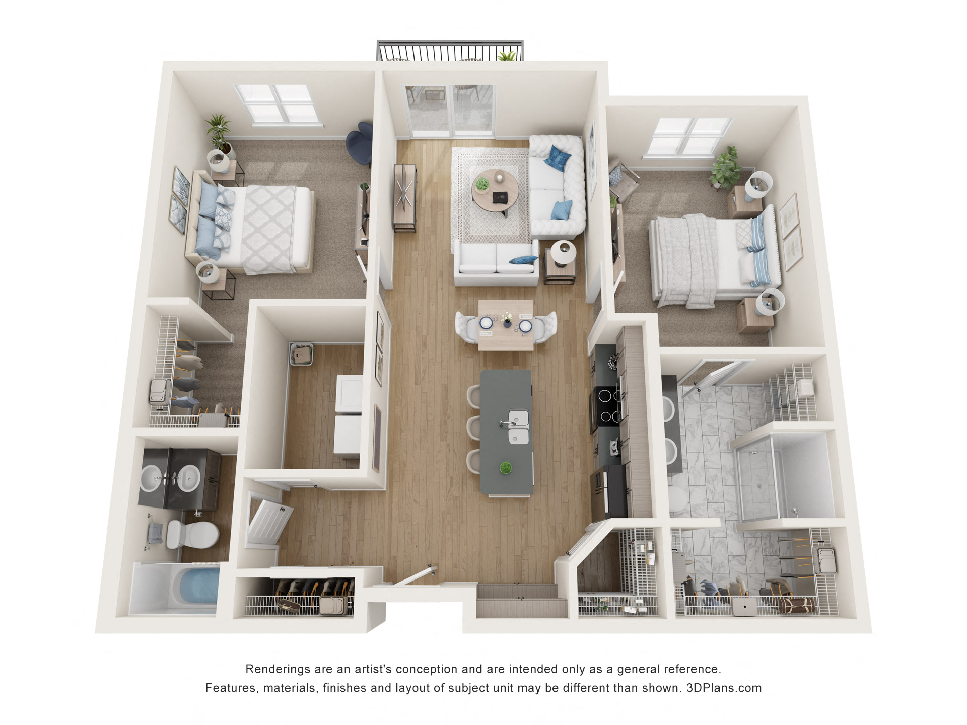 Floor plan for 2 beds, 2 baths, 1192 sqft